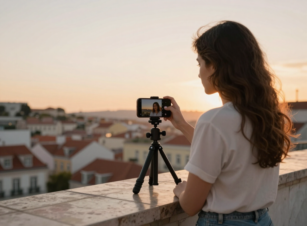 A creator filming a story on a Lisbon rooftop at sunset