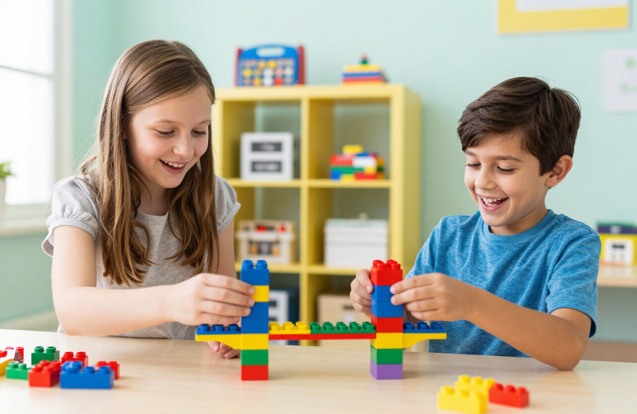 Two young children building a bridge from large colorful blocks