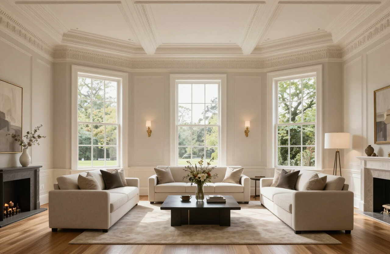Illustrative elegant formal living room in an Englewood NJ estate with coffered ceiling, crown molding, and tall windows
