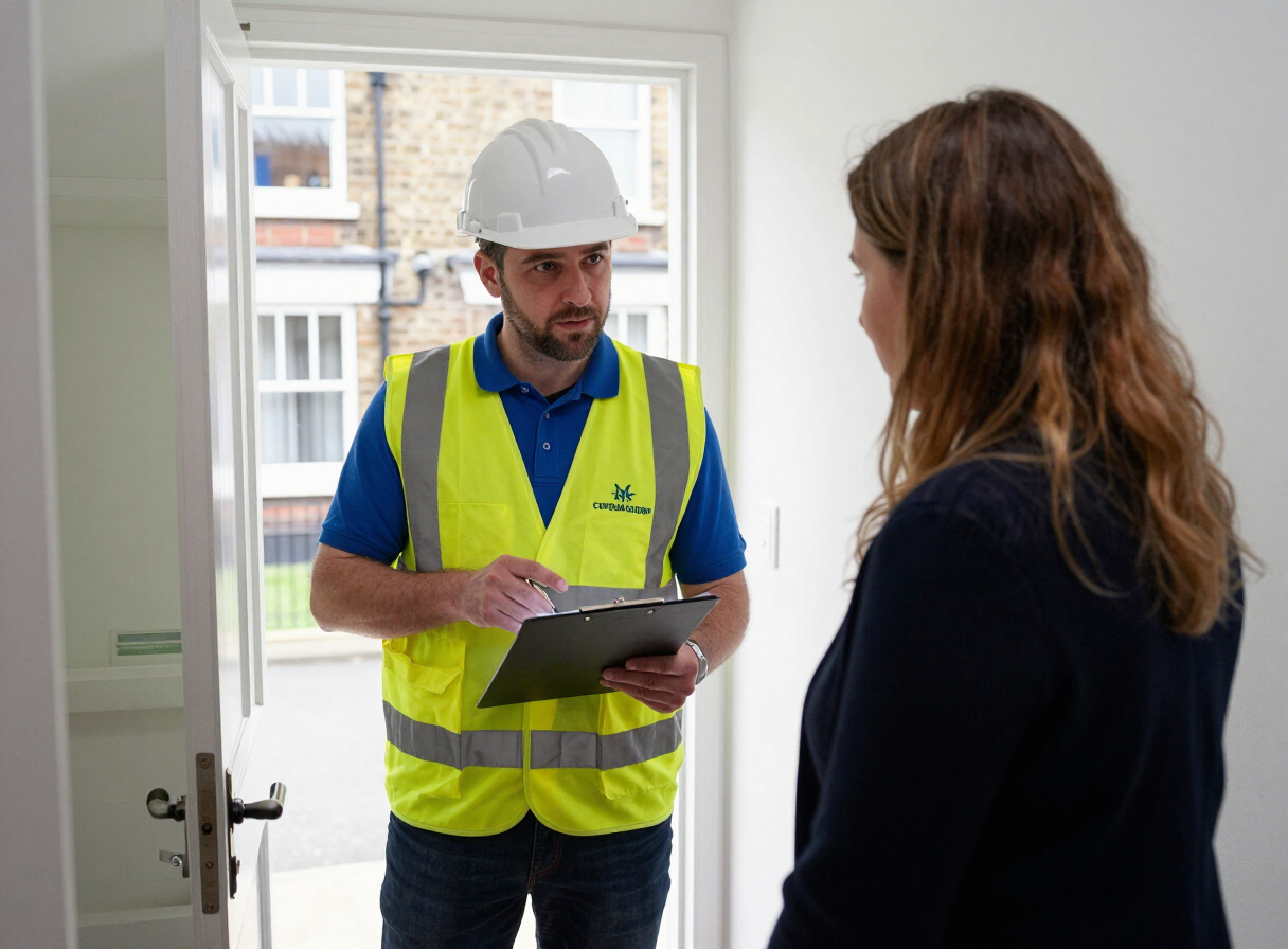 Corevia Group engineer discussing a fire safety report with a homeowner in their hallway