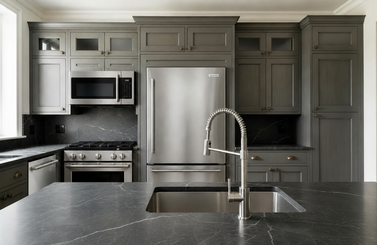 Smokey Grey cabinets shown in an AI-generated inspirational New York kitchen concept by HS Kitchens Studio