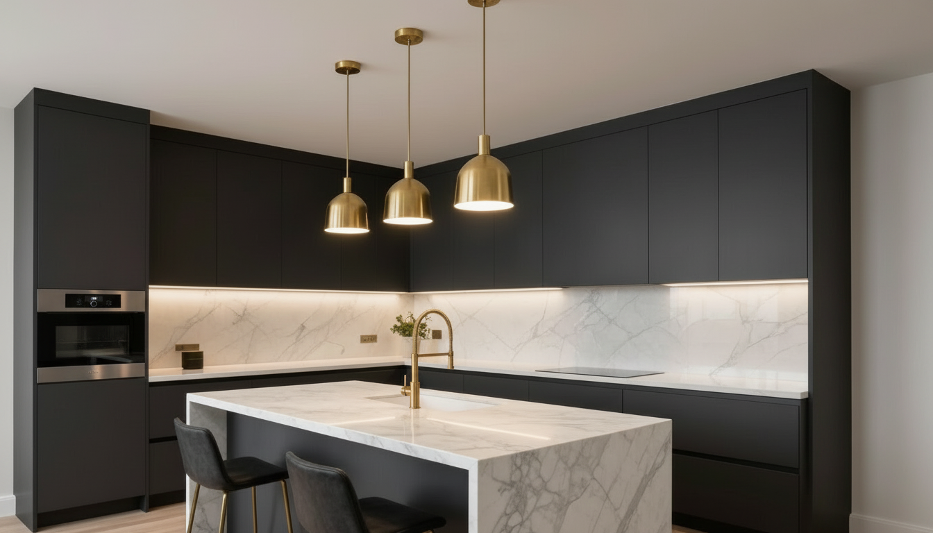 Charcoal lacquer and Arabescato marble bespoke kitchen with brass accents by HS Kitchens Studio, Manhattan New York