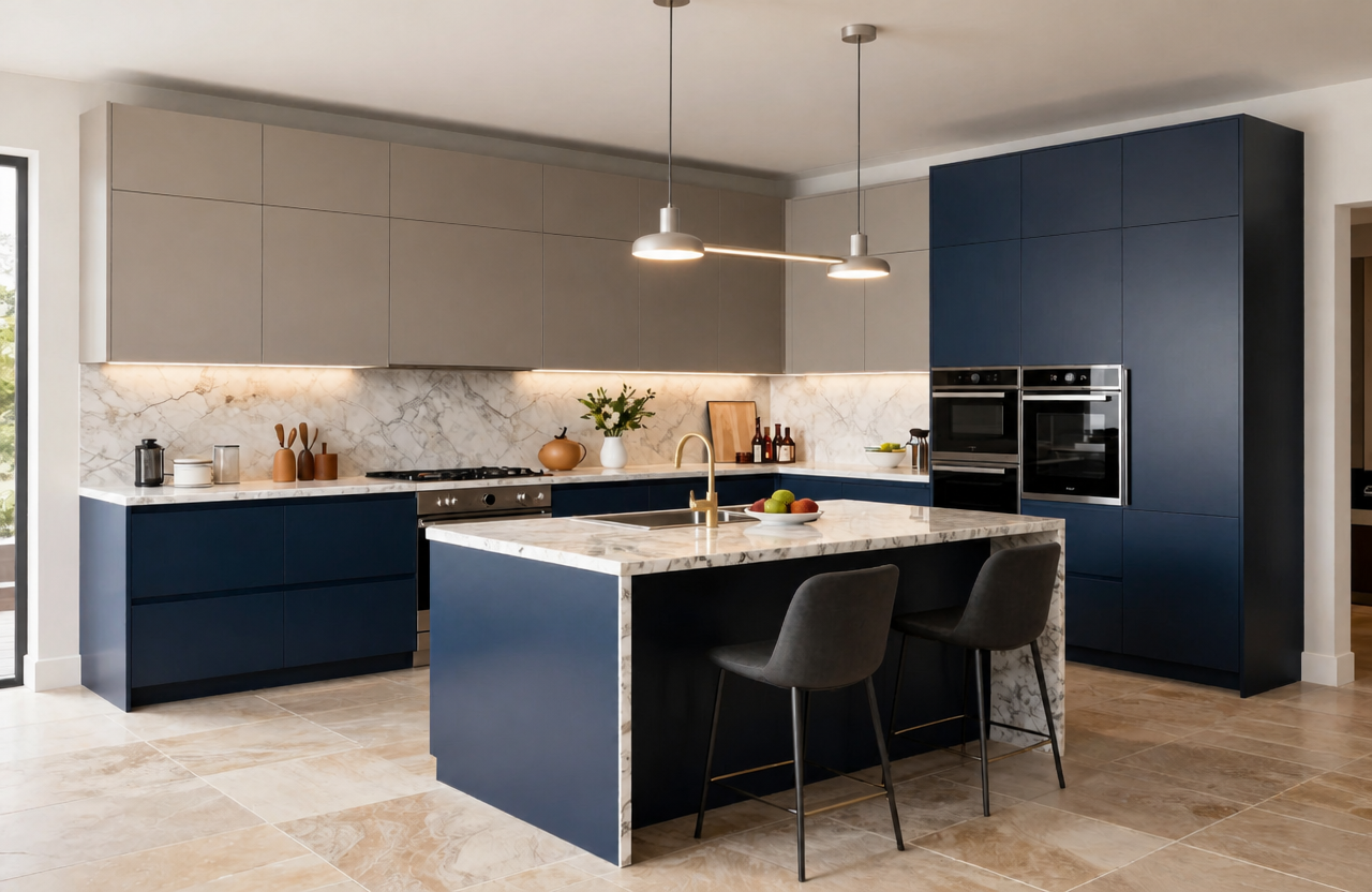 Greige & Navy — Kitchen by HS Kitchens Studio, Leeds