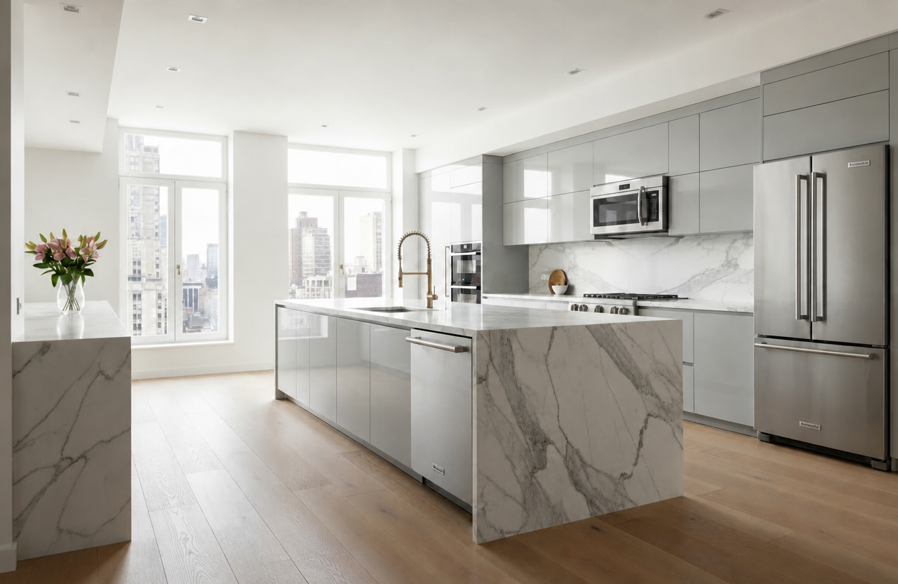 Acrylic Grey cabinets shown in an AI-generated inspirational New York kitchen concept by HS Kitchens Studio