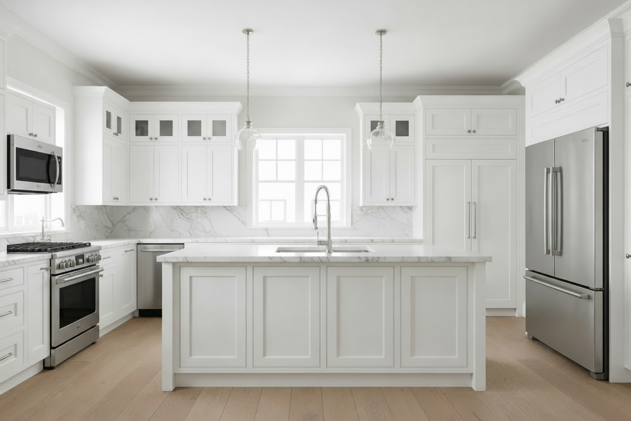 Pure White cabinets shown in an AI-generated inspirational New York kitchen concept by HS Kitchens Studio