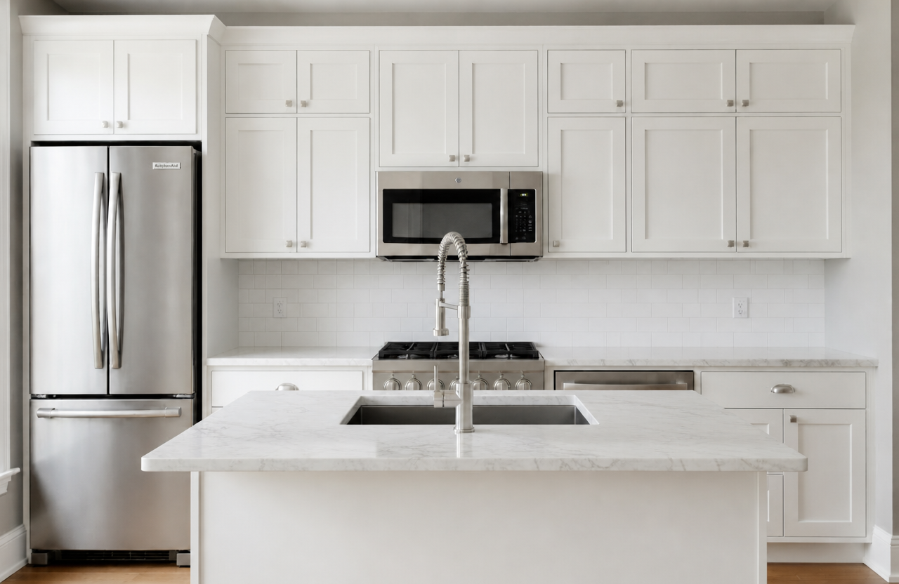 White Shaker cabinets shown in an AI-generated inspirational New York kitchen concept by HS Kitchens Studio