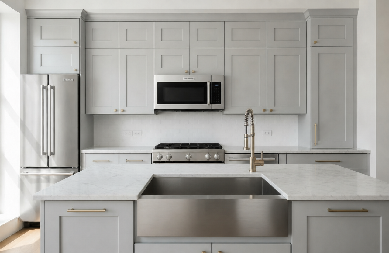 Grey Shaker (S12) cabinets shown in an AI-generated inspirational New York kitchen concept by HS Kitchens Studio