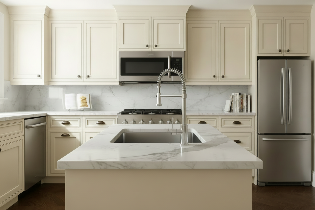 Ivory Glaze cabinets shown in an AI-generated inspirational New York kitchen concept by HS Kitchens Studio