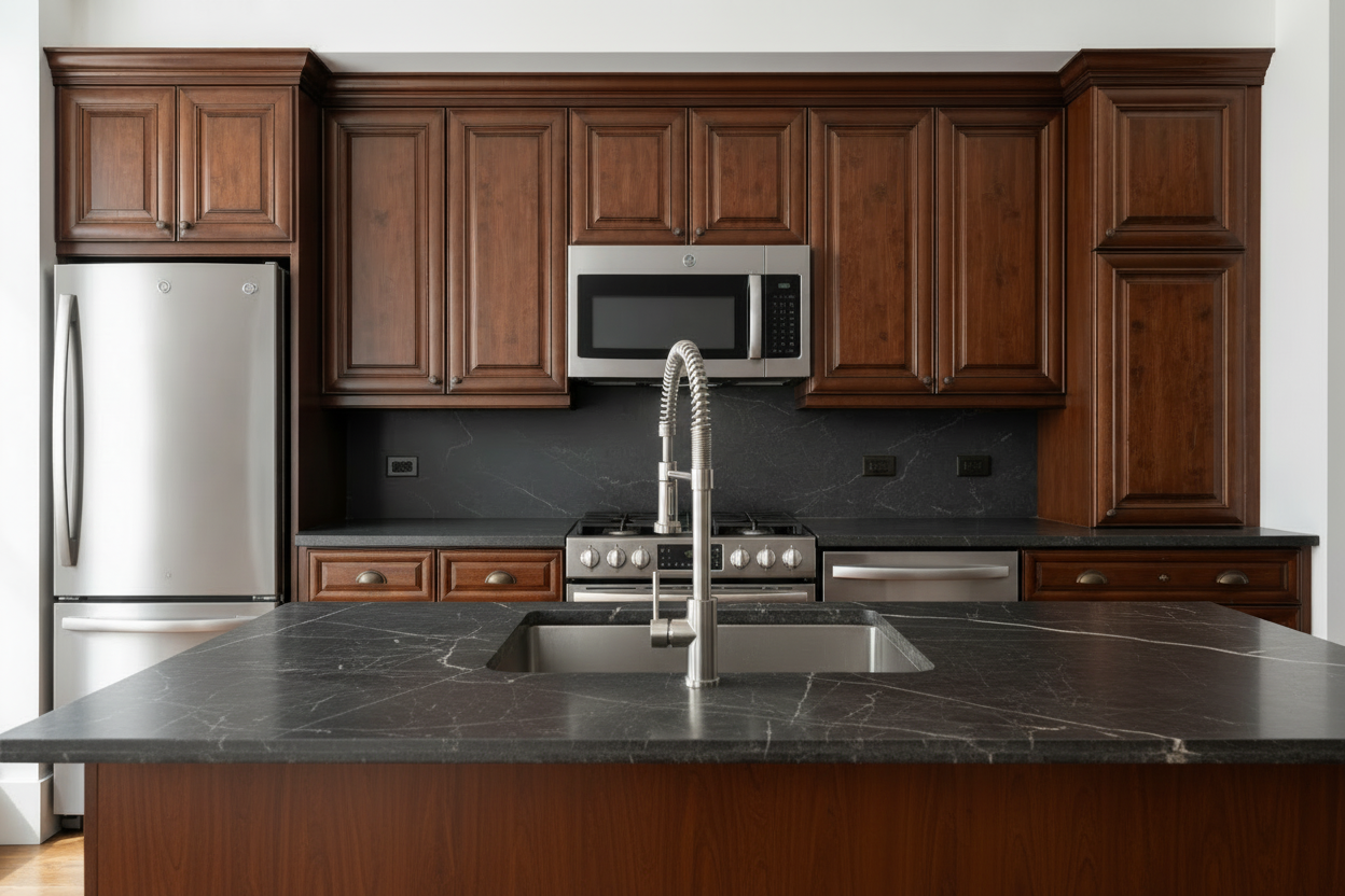 Dark Cherry cabinets shown in an AI-generated inspirational New York kitchen concept by HS Kitchens Studio