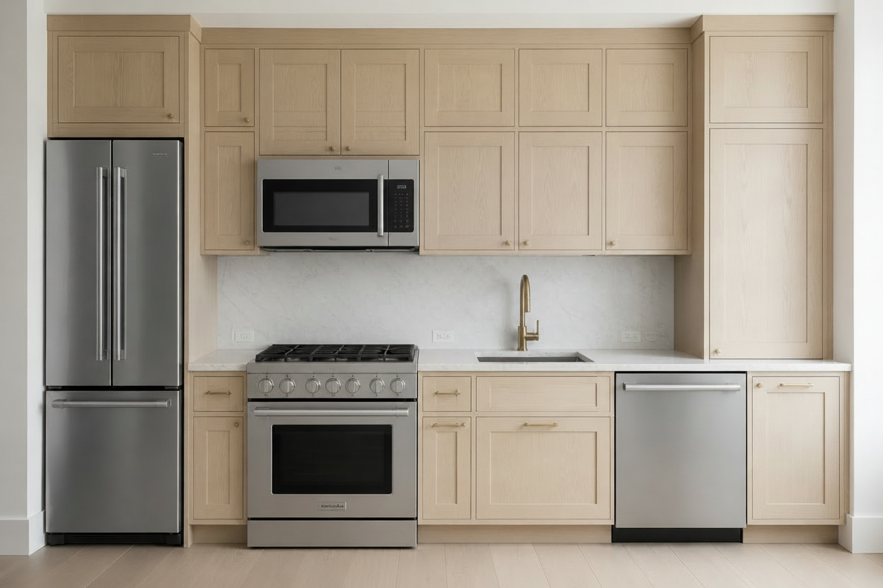 White Oak (S15) cabinets shown in an AI-generated inspirational New York kitchen concept by HS Kitchens Studio