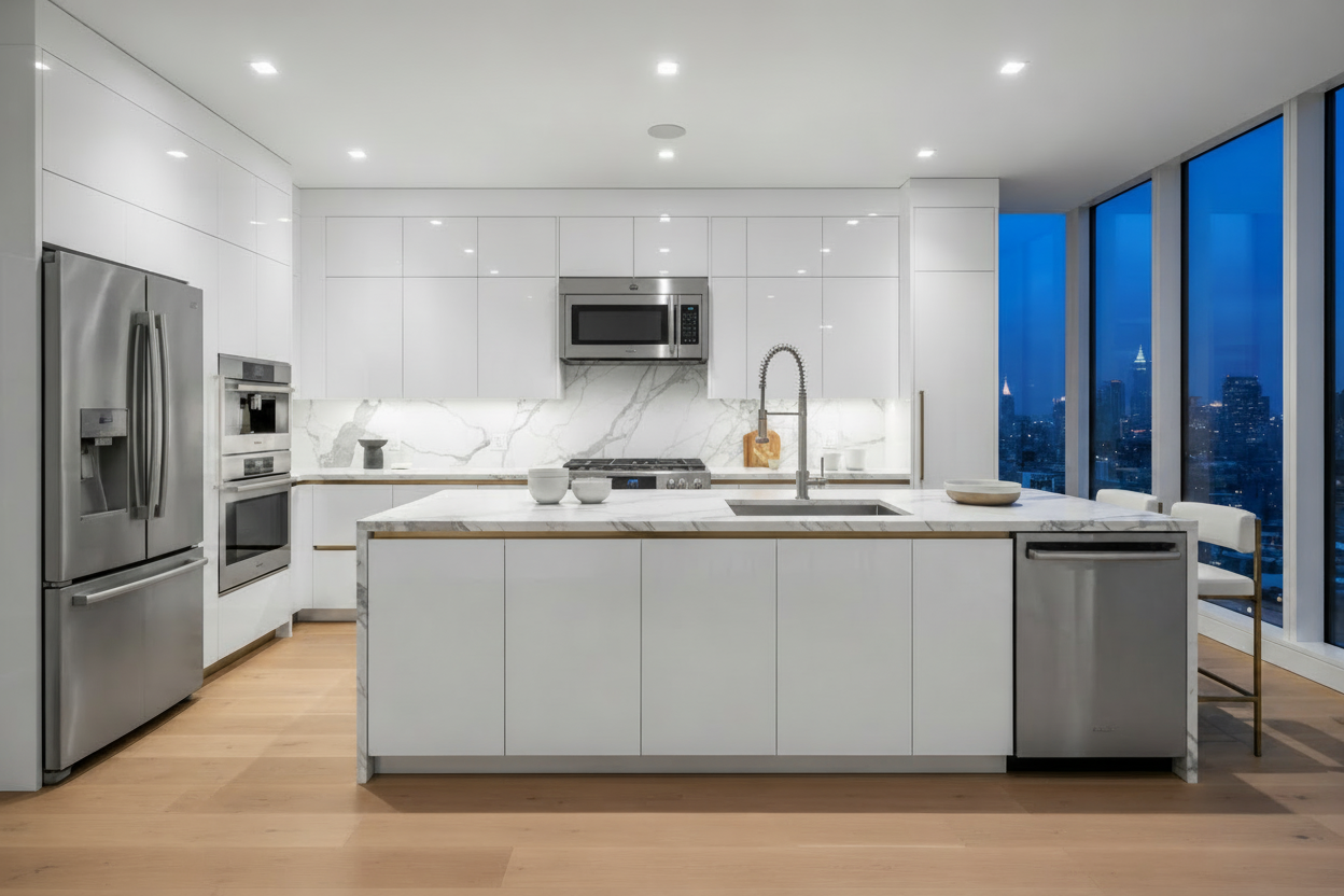Acrylic White cabinets shown in an AI-generated inspirational New York kitchen concept by HS Kitchens Studio