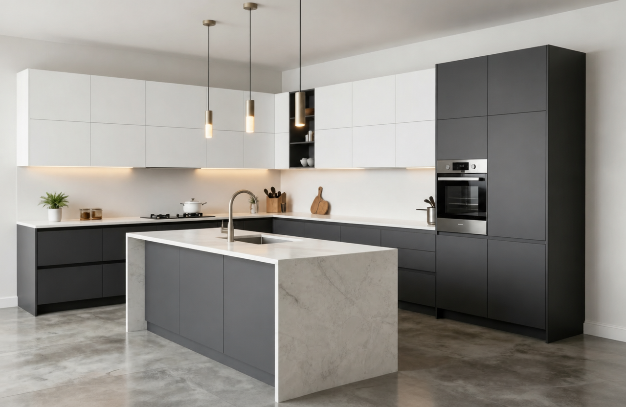 White and Charcoal two-tone luxury kitchen by HS Kitchens Studio, Queens New York
