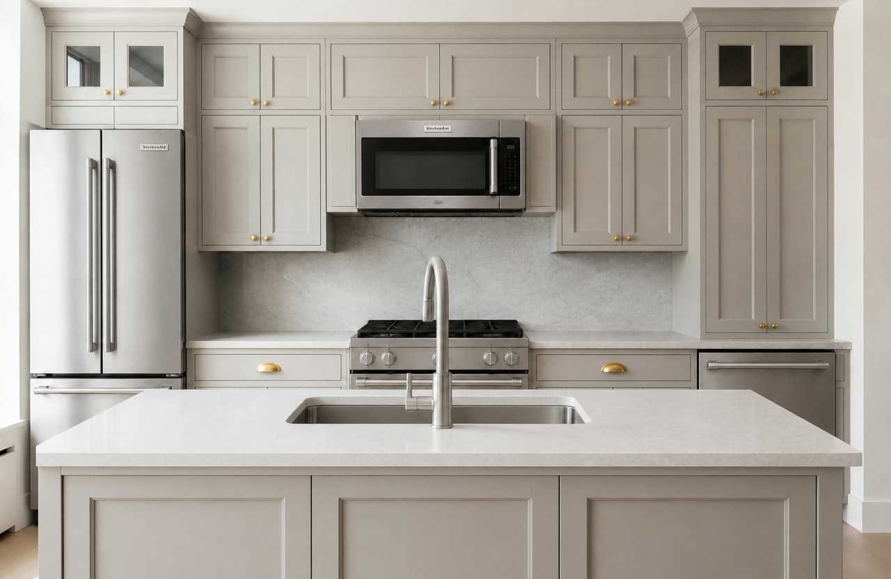Grey Shaker cabinets shown in an AI-generated inspirational New York kitchen concept by HS Kitchens Studio