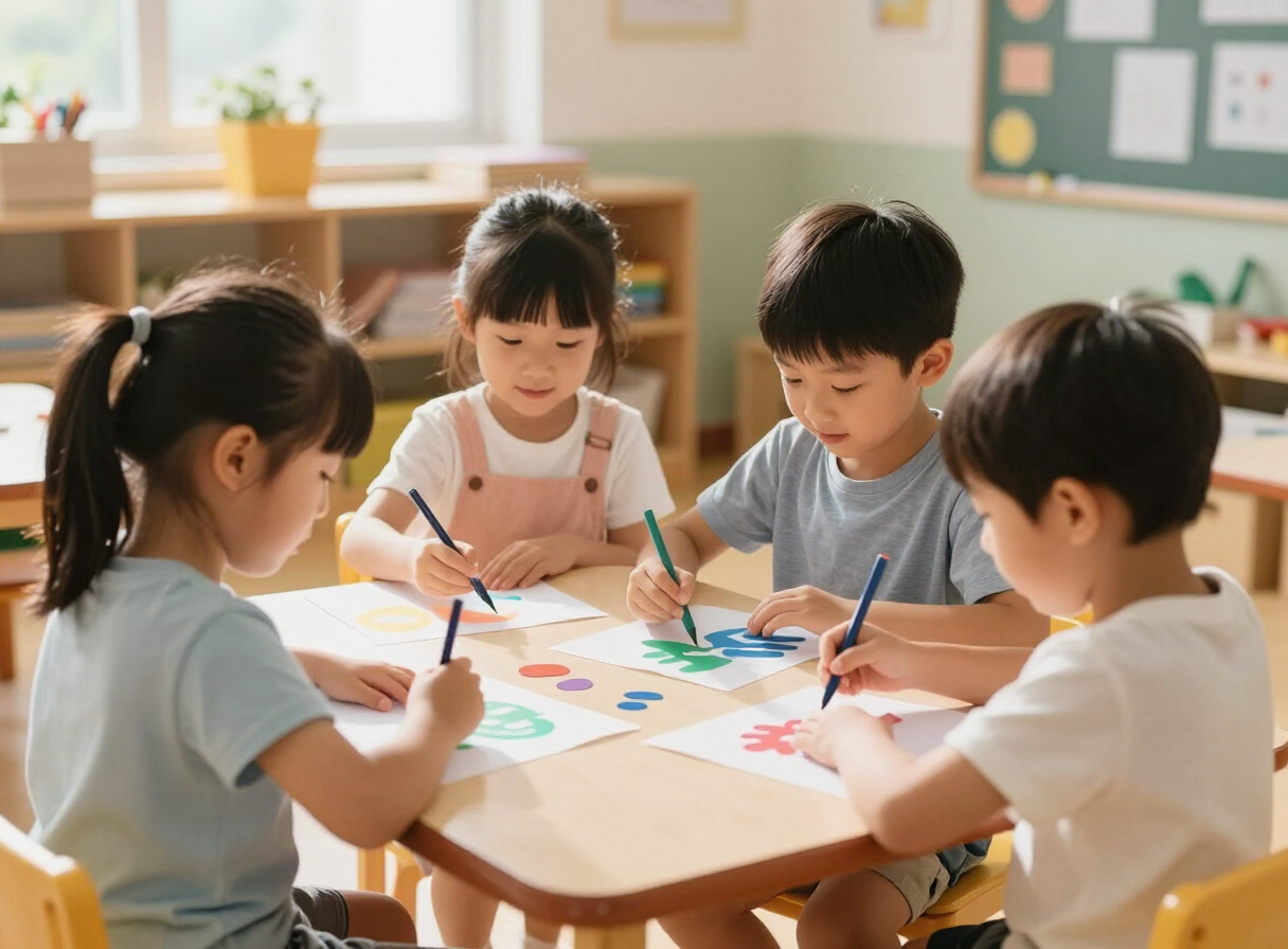 Two year olds painting at a table in a sunny classroom