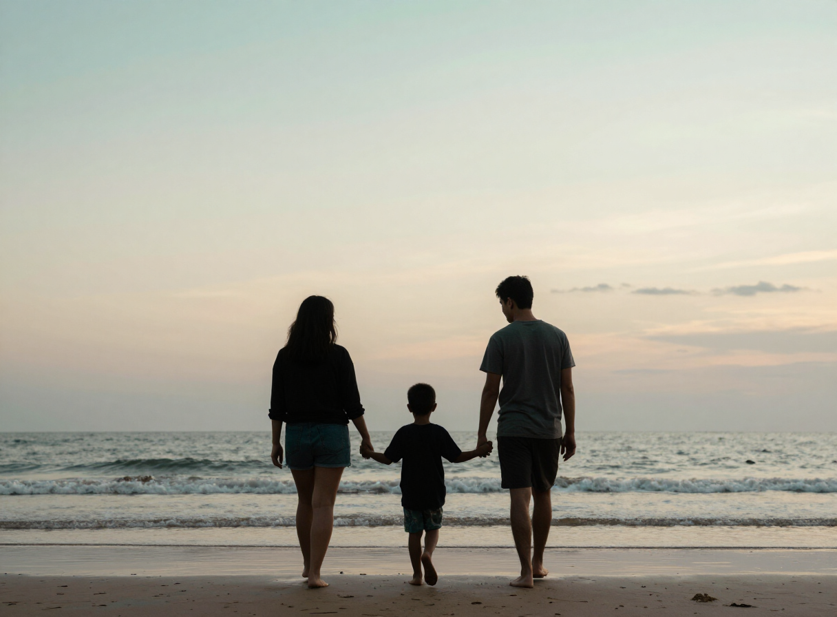 A family walking together along a calm beach at dusk, holding hands.