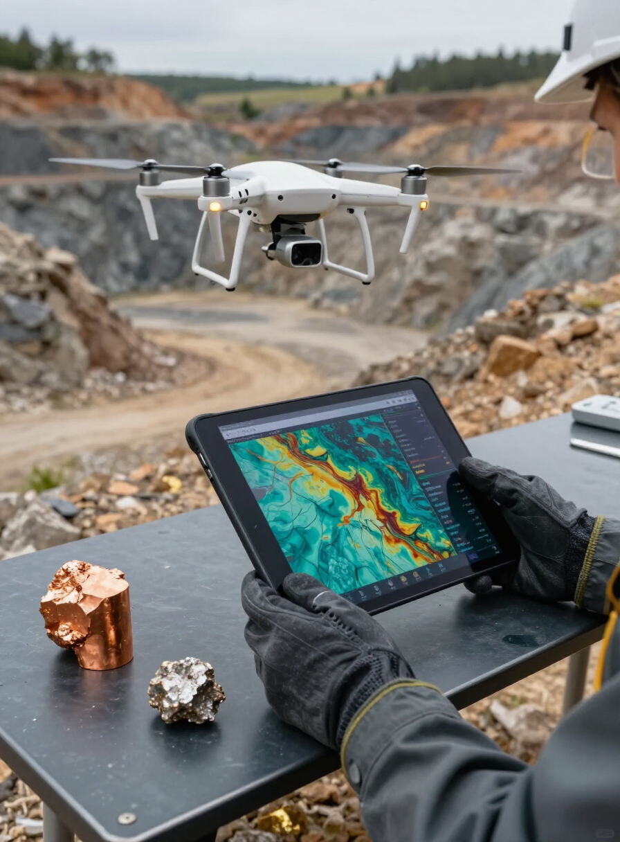 Geologist using a drone and tablet for non-invasive mineral exploration over undisturbed terrain