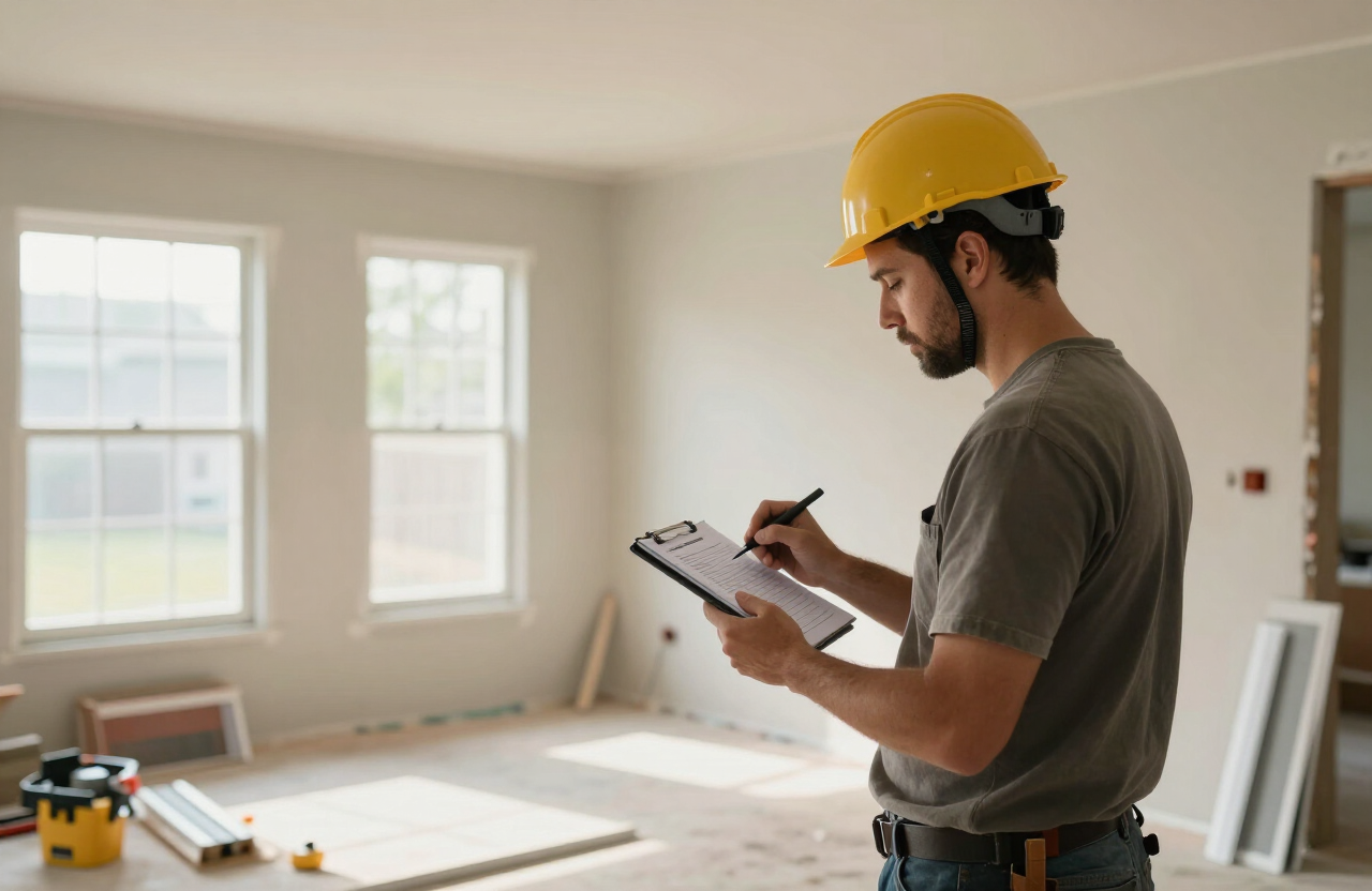 Construction foreman writing detailed punch list notes on a tablet in a freshly painted residential interior