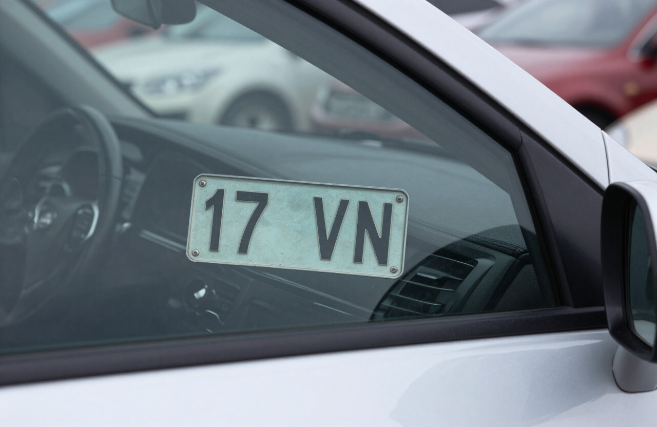 Close-up of a 17-character VIN plate visible through a car windshield at the base of the dashboard