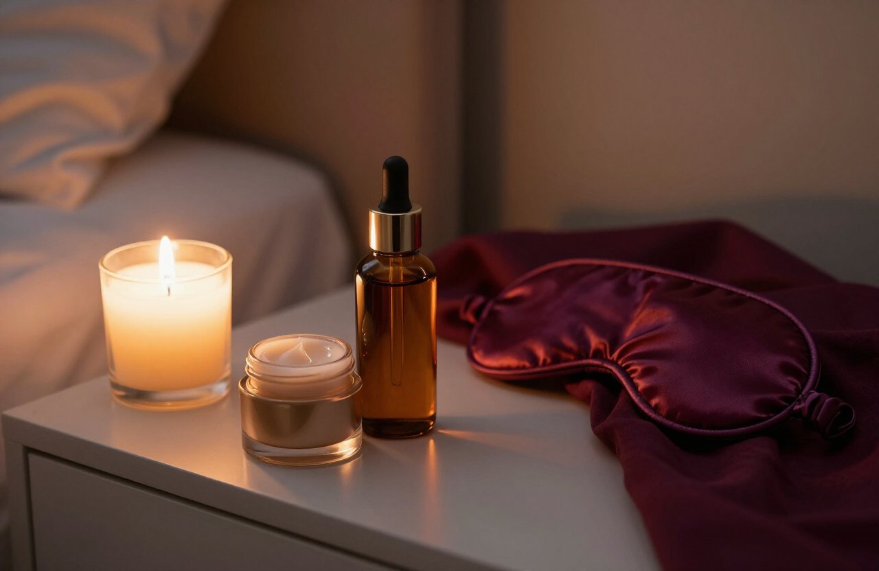 Amber serum bottle and cream jar on a candle-lit bedside table with plum linen