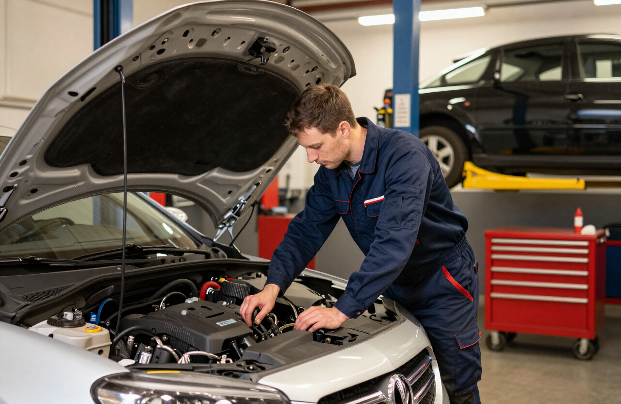 Mécanicien EYB Auto travaillant sur un moteur dans l'atelier de Clichy