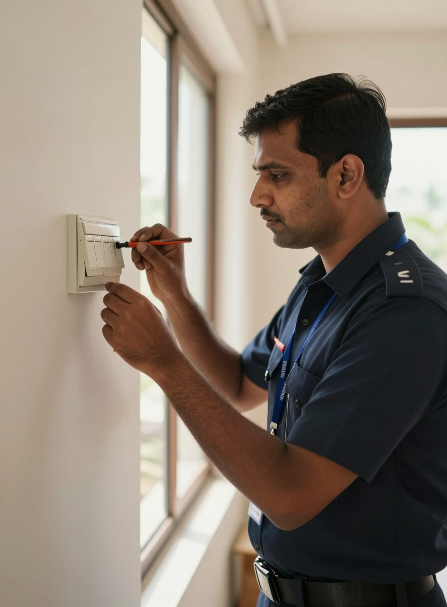 A verified electrician repairing a switchboard in a Bengaluru apartment