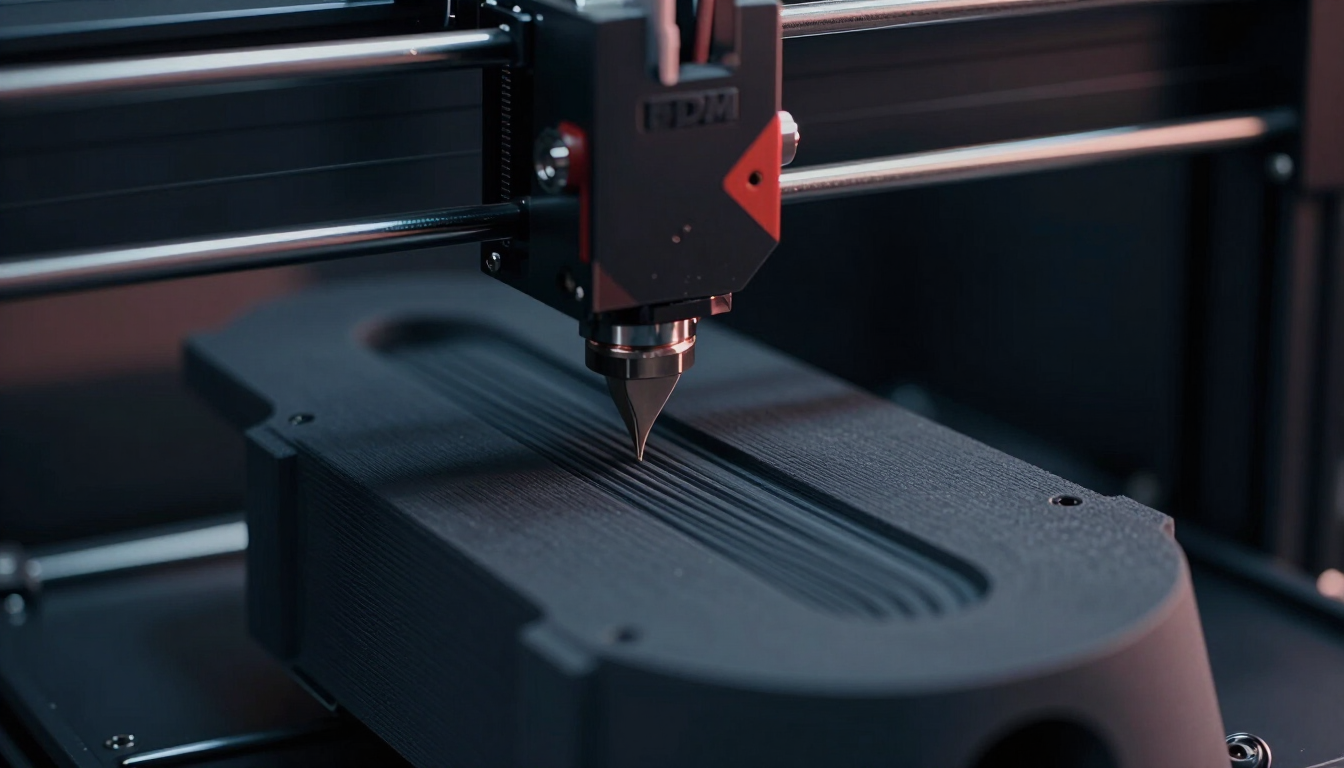 Close-up of a physical object taking shape in an FDM 3D printer