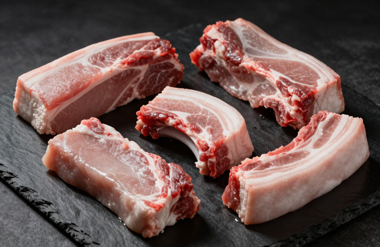 Cortes de cerdo crudo sobre piedra oscura