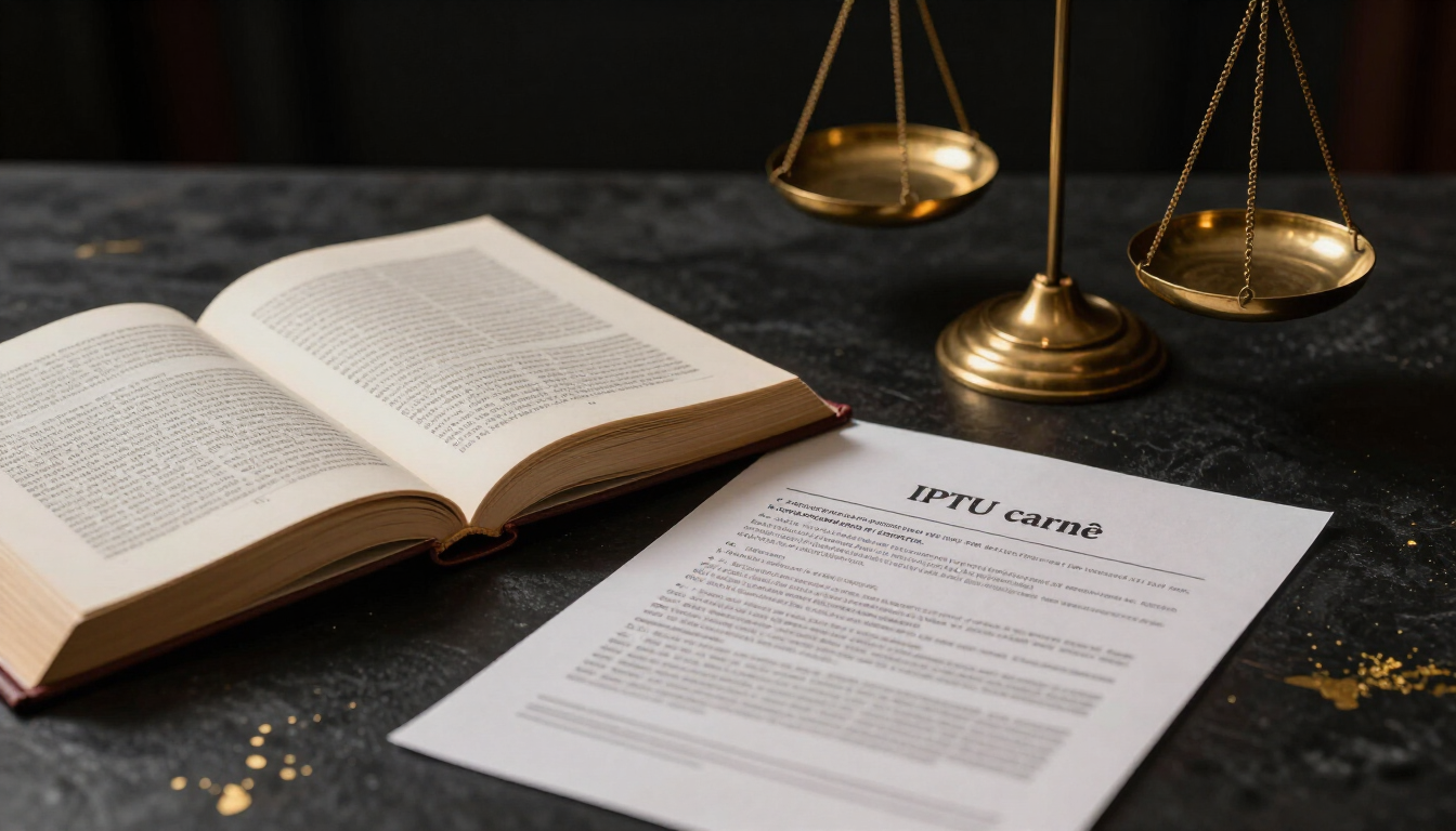 Livro de legislação tributária e balança sobre mesa escura com detalhes dourados