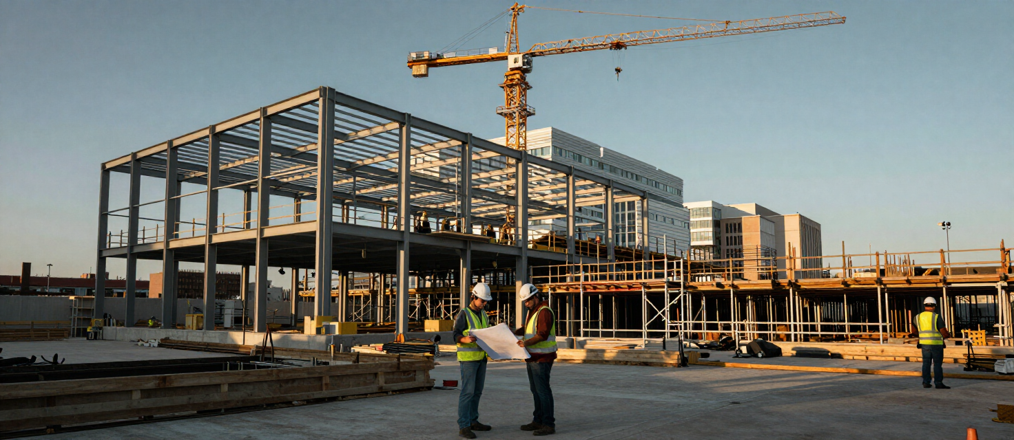 Hospital under construction with structural steel and cranes