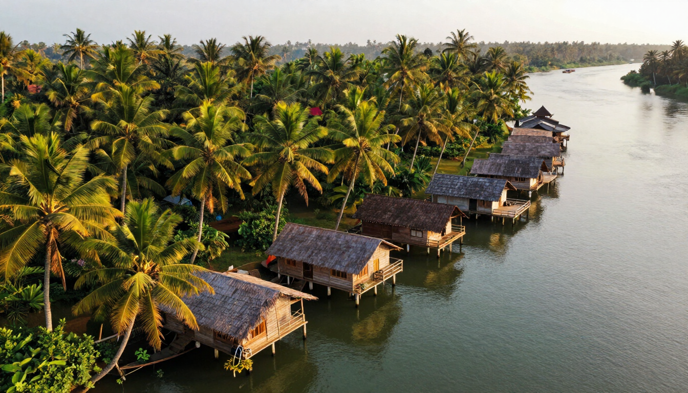 Aerial view of Meenad Resort beside the Ithikkara River at golden hour