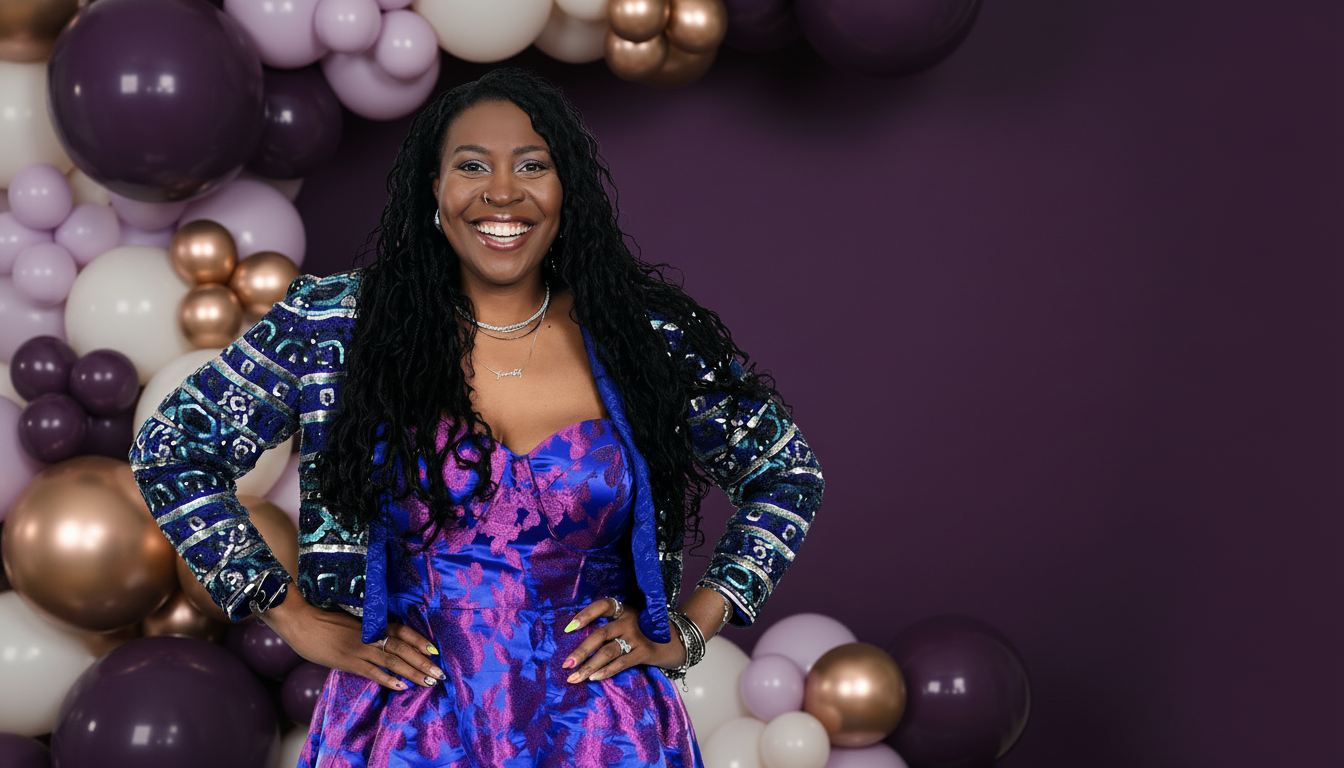 Joi Noël surrounded by elegant balloon décor