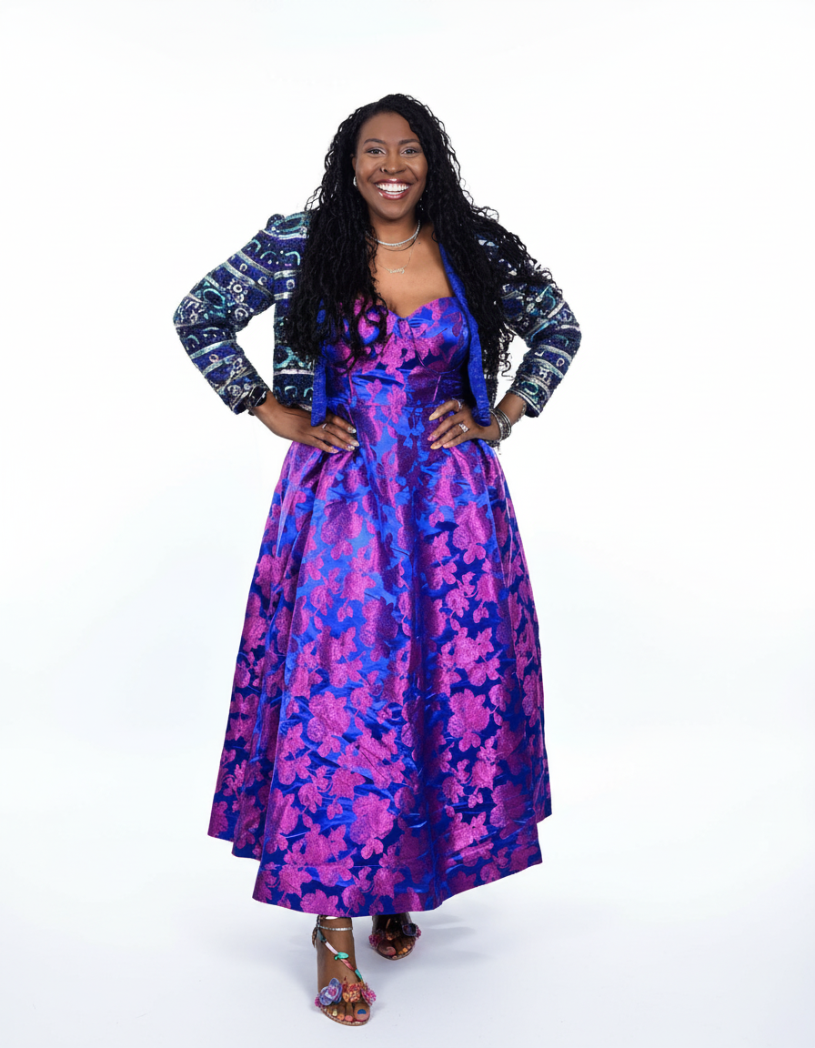 Joi Noël smiling in a purple and blue dress