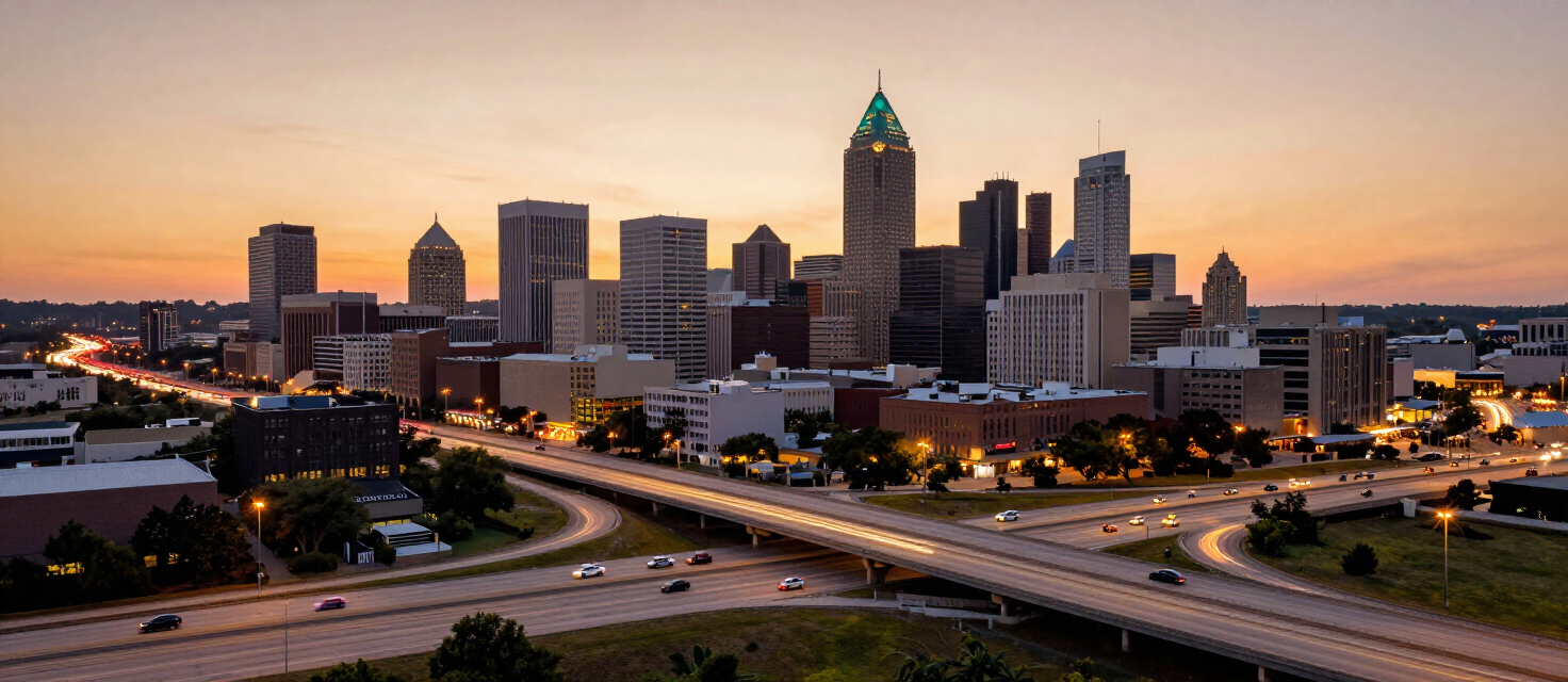 Aerial view of Kansas City Missouri downtown skyline at dusk with interstate interchange and car light trails