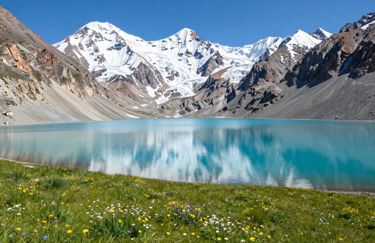 Turquoise Karambar Lake reflecting snow peaks in Broghil Valley, upper Chitral