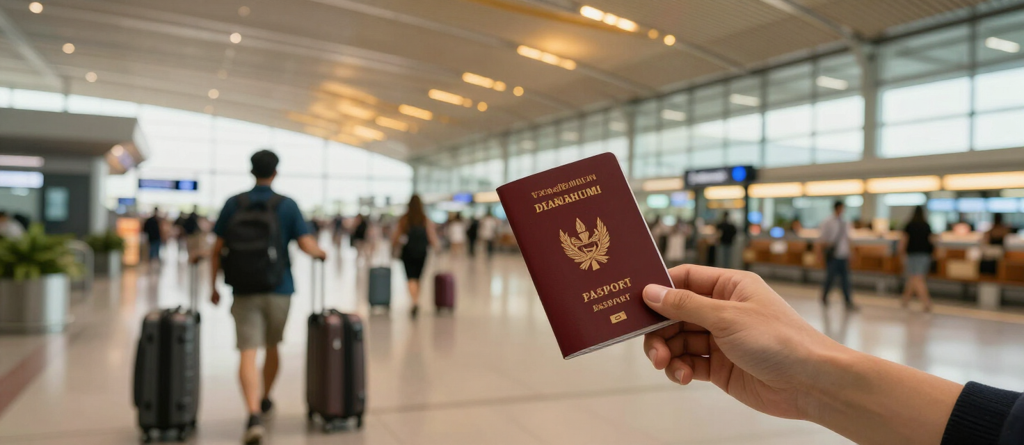 Travelers arriving at Bangkok Suvarnabhumi airport terminal with luggage and passport in hand for Thailand Digital Arrival Card (TDAC) entry