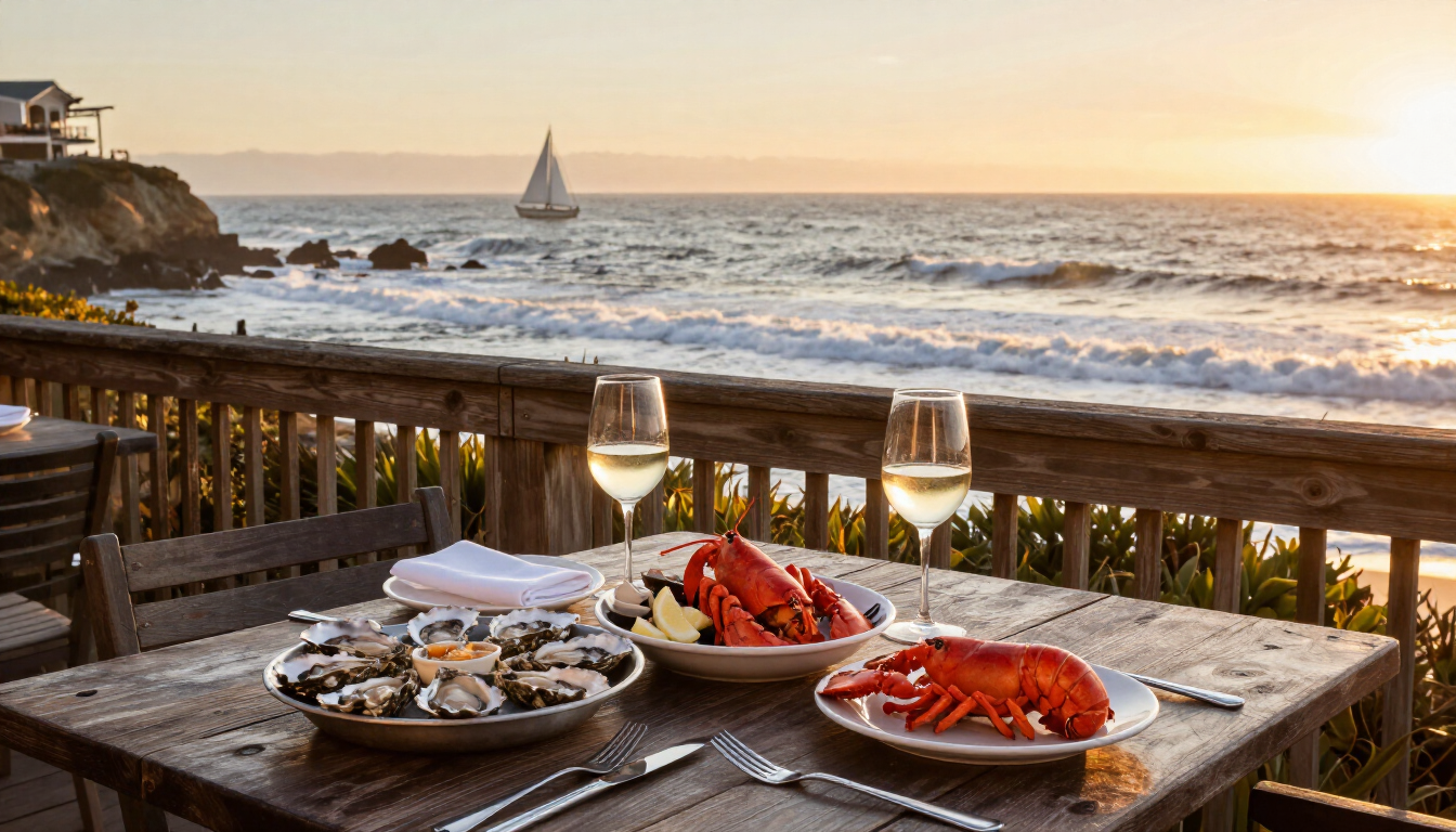 Coastal waterfront dining at sunset with a fresh seafood platter overlooking the Pacific ocean in Monterey California