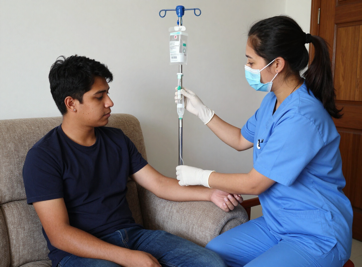 Enfermera realizando un tratamiento endovenoso a domicilio