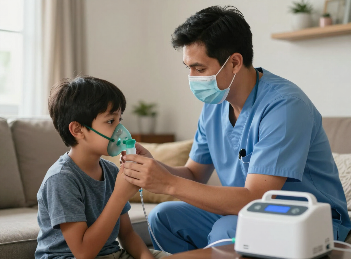 Profesional de salud ayudando a un paciente con una nebulización