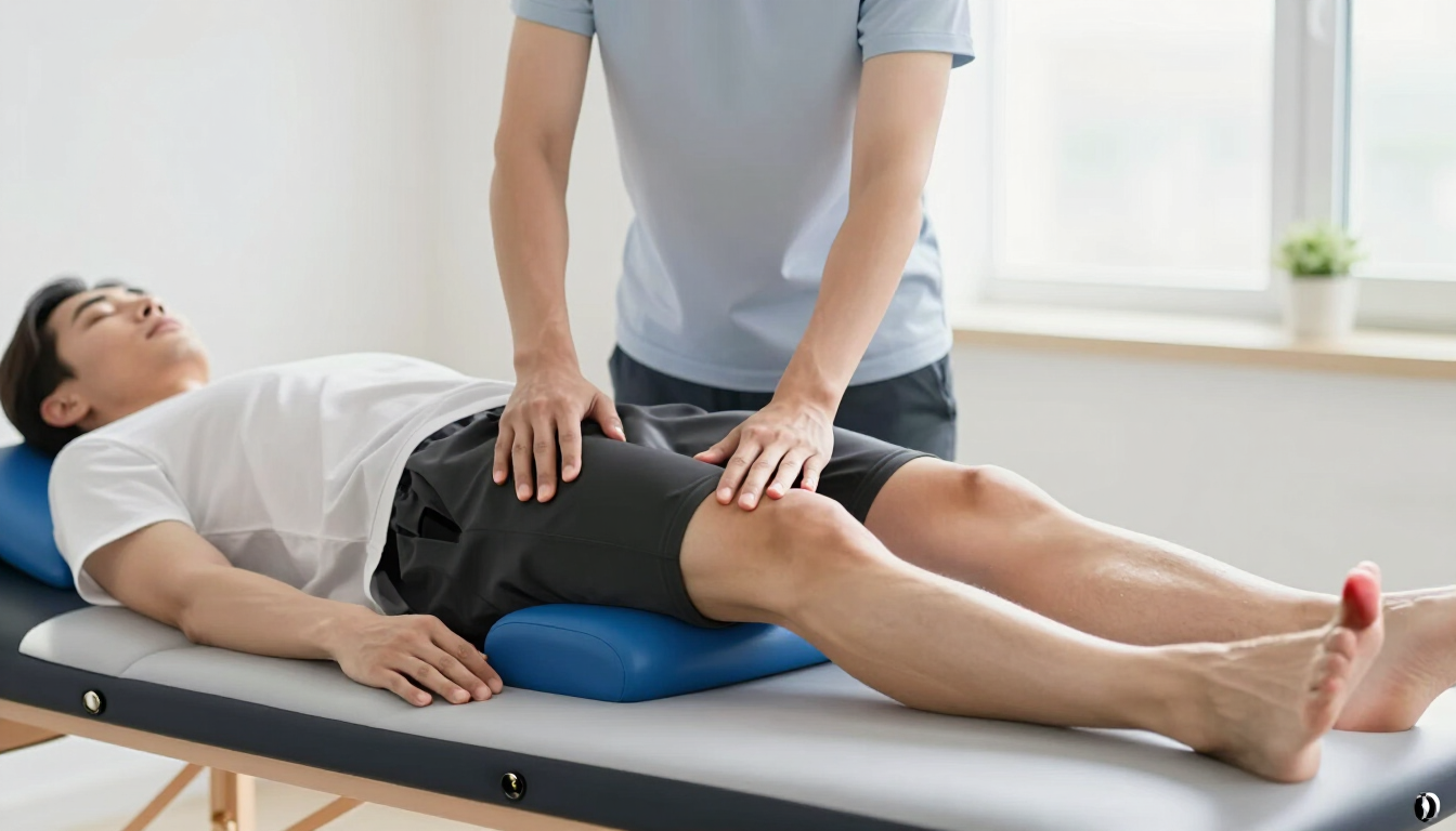 A person stretching the hip and knee on a treatment table