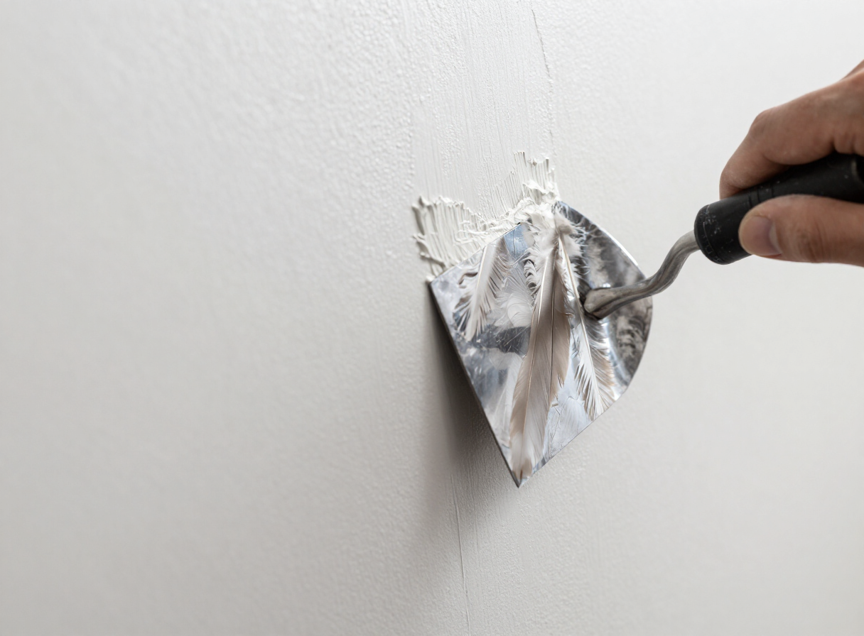 Close-up of feathering technique during skim coating on a Hoboken NJ wall