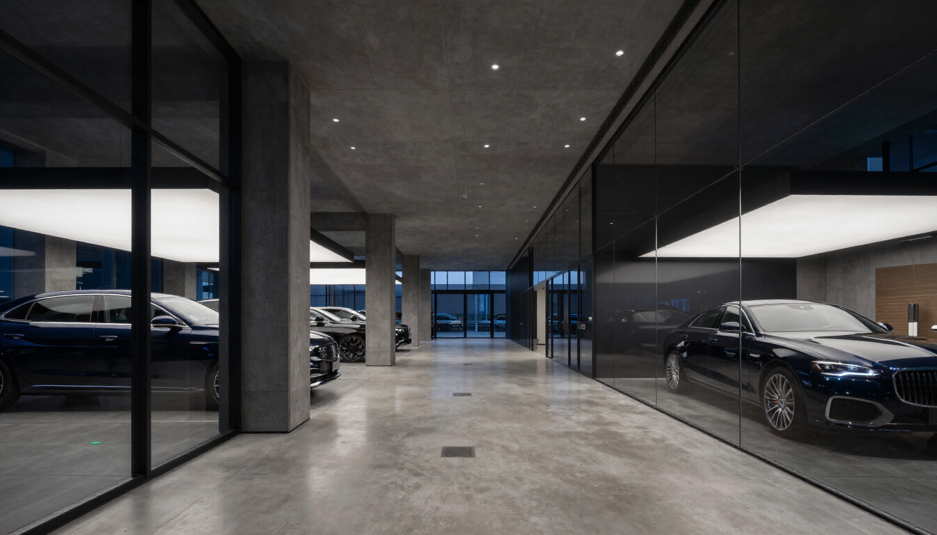 Ambiente automotive contemporaneo dalle linee architettoniche essenziali