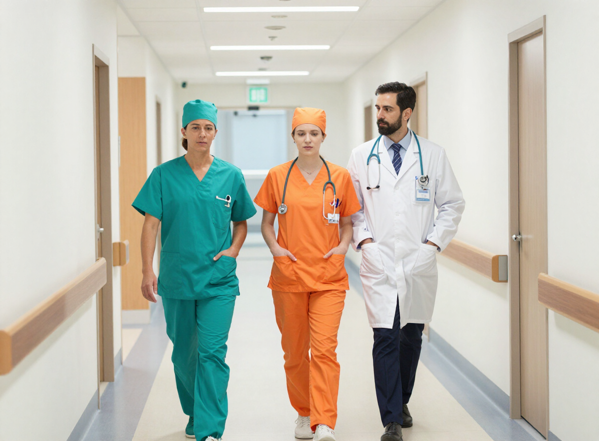 Healthcare staff wearing branded medical scrubs in an Australian hospital