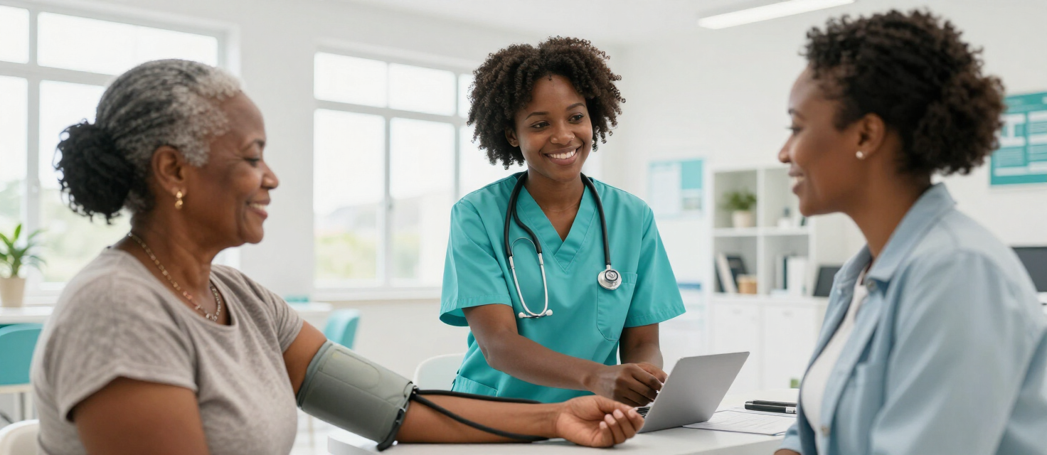 A nurse in turquoise scrubs checking the blood pressure of a smiling elderly patient in a bright clinic