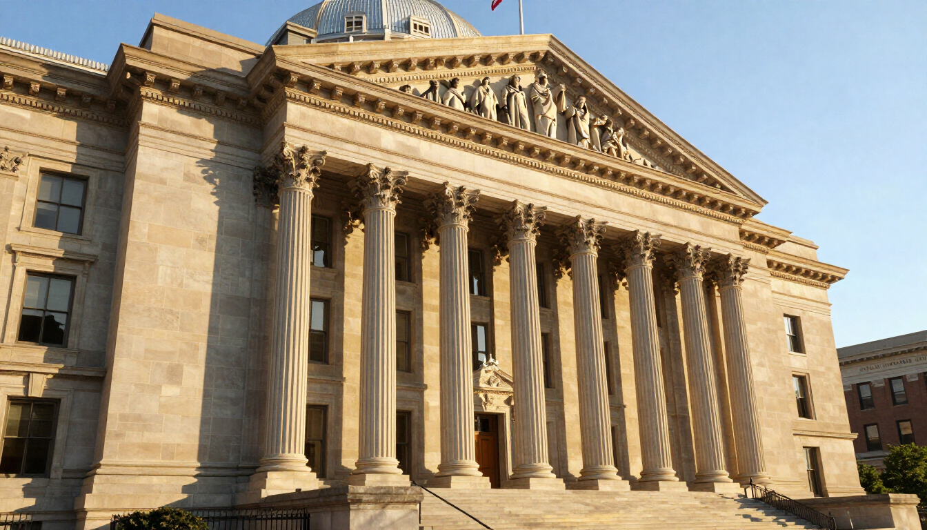 Missouri courthouse with classical stone columns and American flag at golden hour