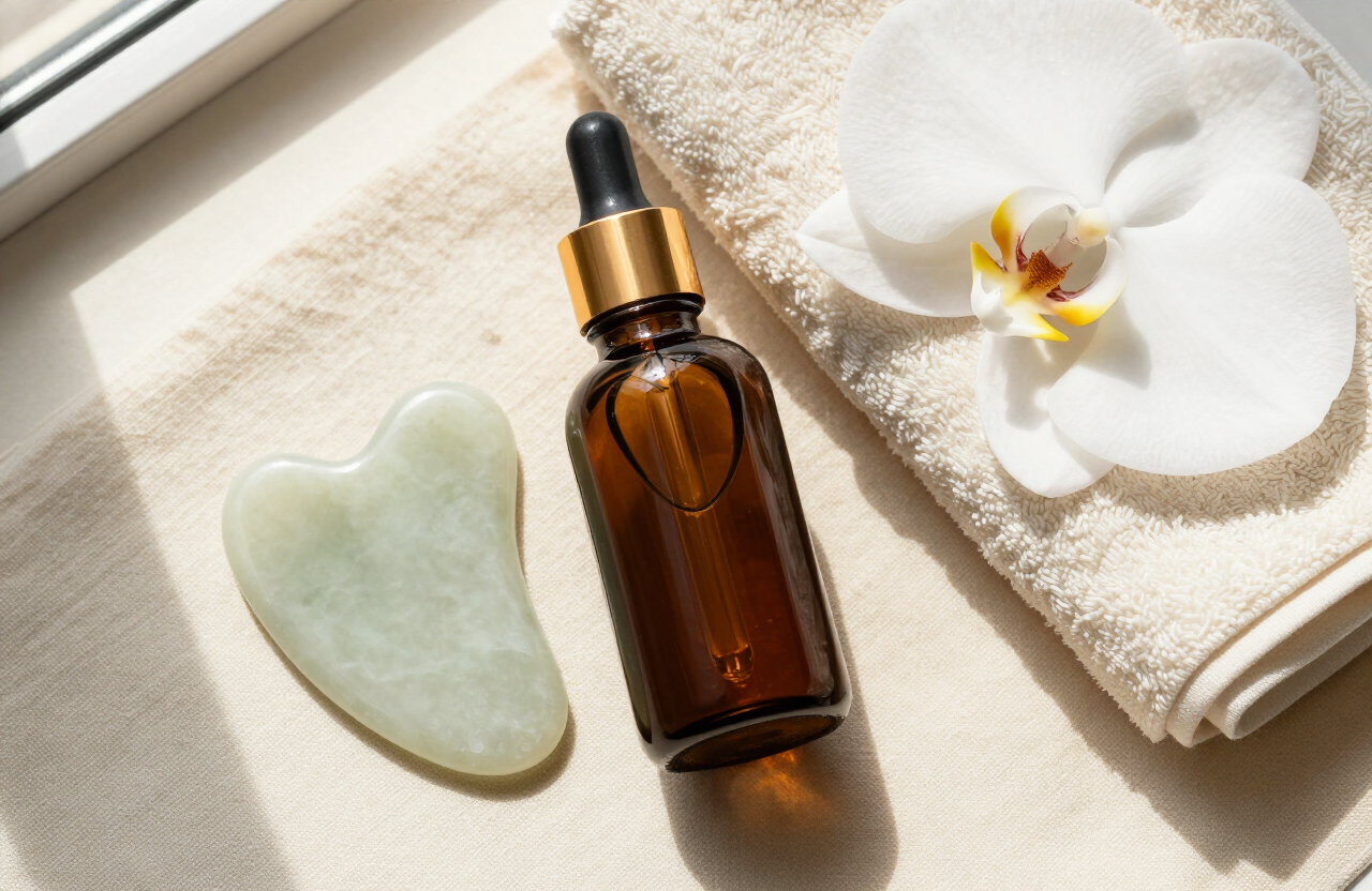 Amber serum bottle, gua sha stone and white orchid on warm linen