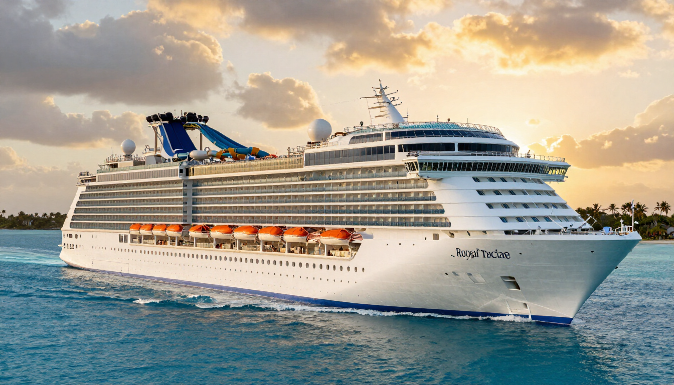 Royal Caribbean cruise ship sailing the Caribbean sea at sunset