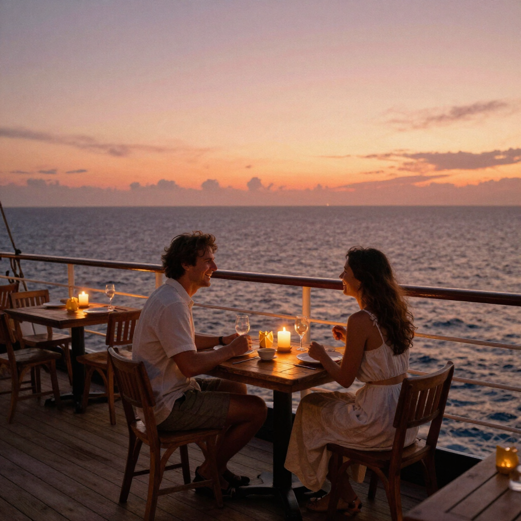 A couple toasting with drinks on a cruise ship deck at sunset