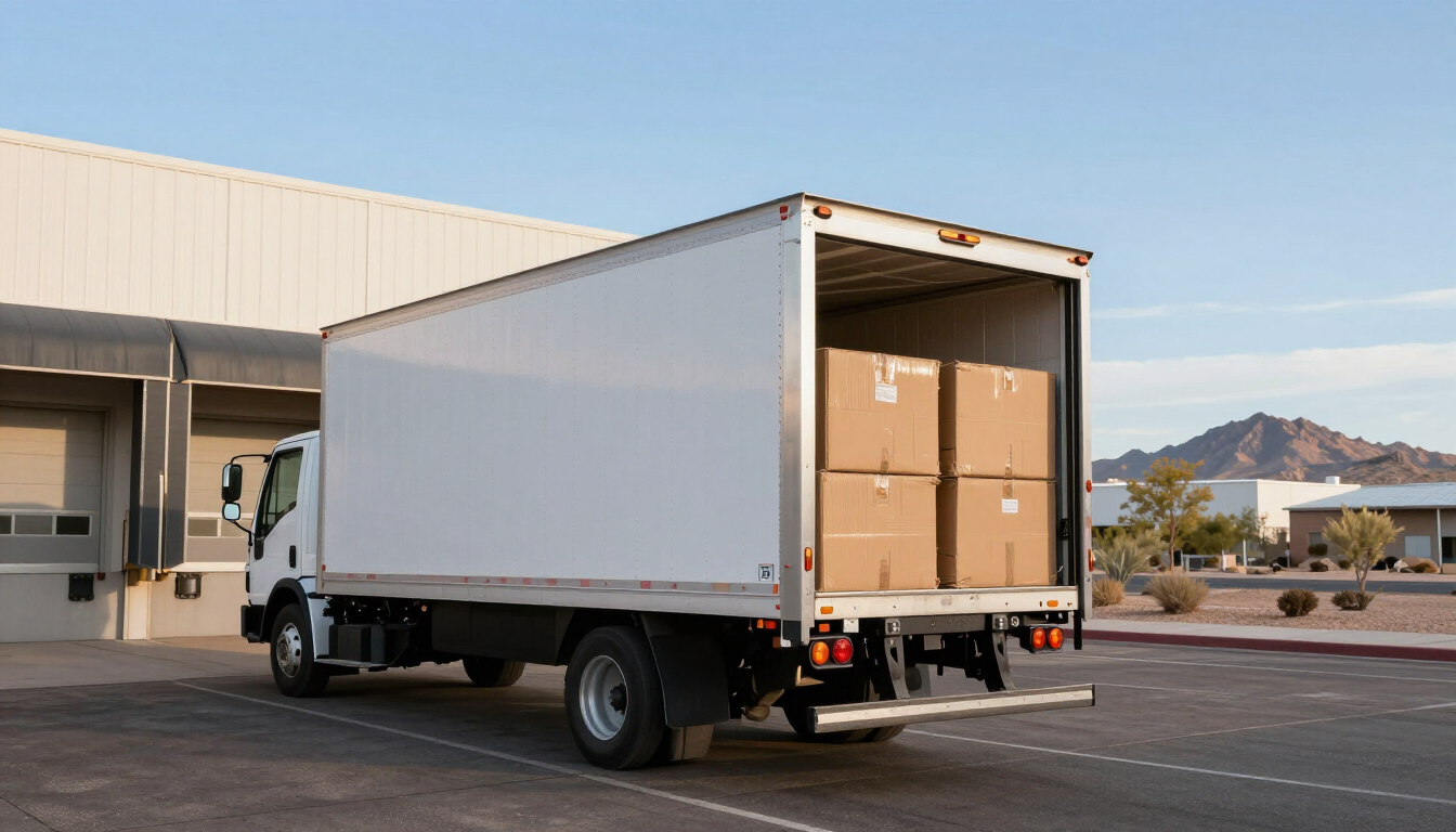A box truck at a commercial loading dock in a Phoenix industrial park