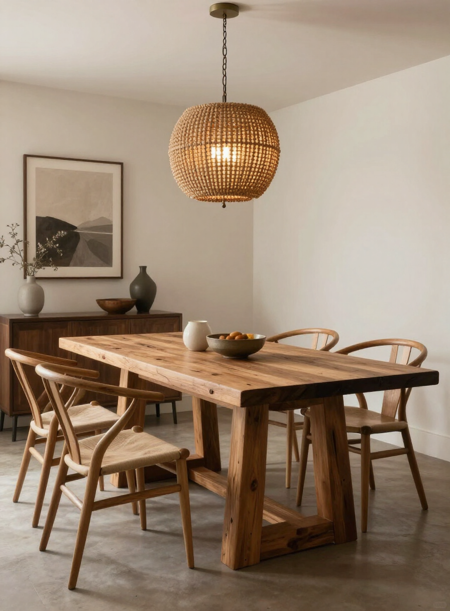 Elegant modern dining room with a reclaimed wood trestle table, wishbone chairs, and a beaded wood chandelier