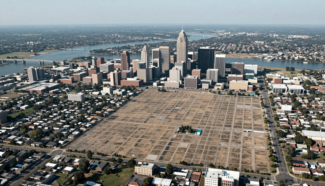 Aerial map view of the Kansas City metropolitan area showing the river, downtown grid and suburban sprawl